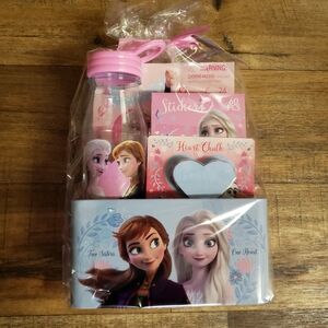 Frozen Tin Box Gift Set- Water Bottle, Stickers,Heart Chalk & 24 Piece Puzzle